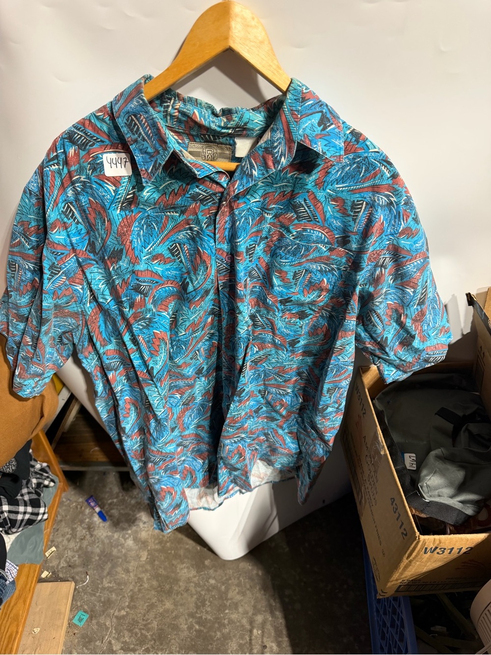 #4447-Wrangler Teal and Rust Leaf-Print Short Sleeve Button-Up